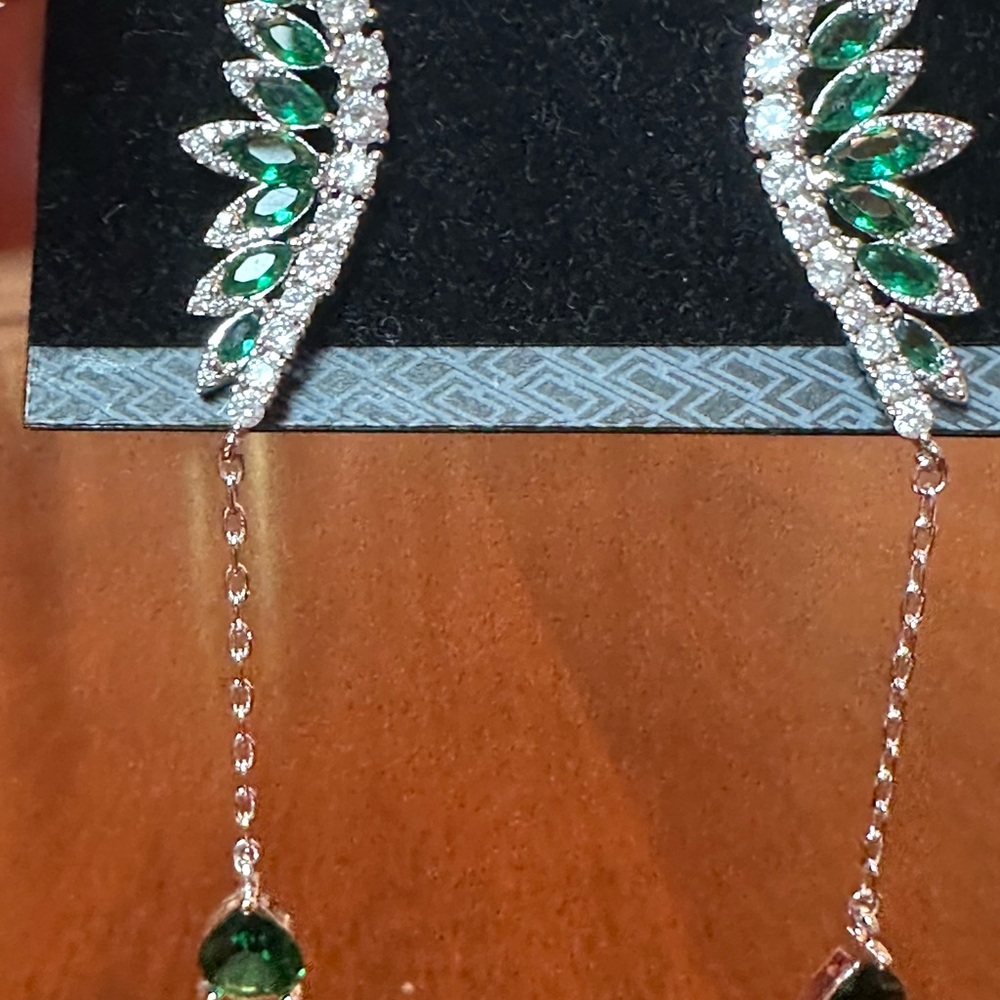 Emerald Green Rhinestone Drop Earrings | Elegant Statement Jewelry - Picture 3 of 6